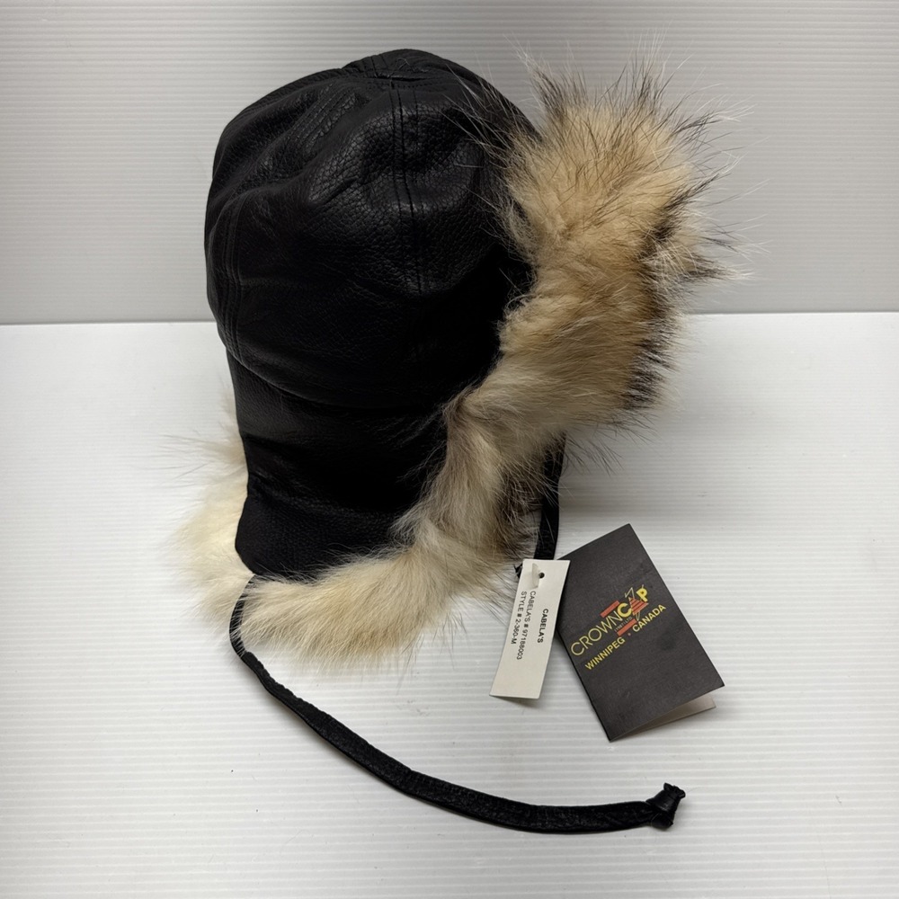 Vintage 1987 Cabela's CrownCap Black Leather Trapper Hat Fur Aviator Bomber NOS